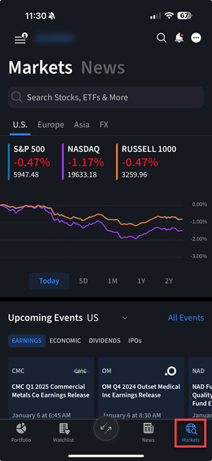 The markets homepage on the iPhone. 